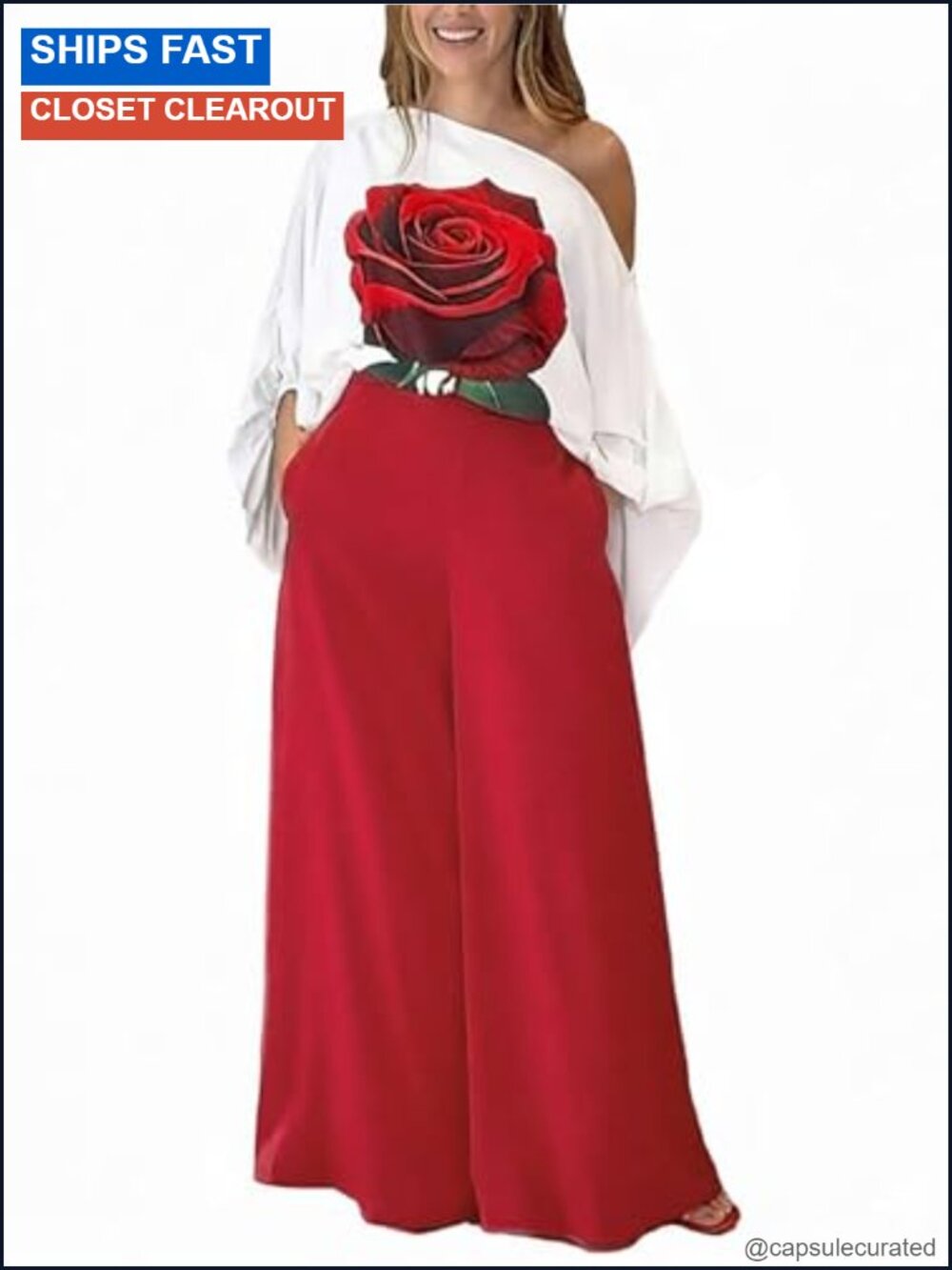 Women 2 Piece Off Shoulder Top Wide Leg Pants Set Polyester Lantern Sleeve